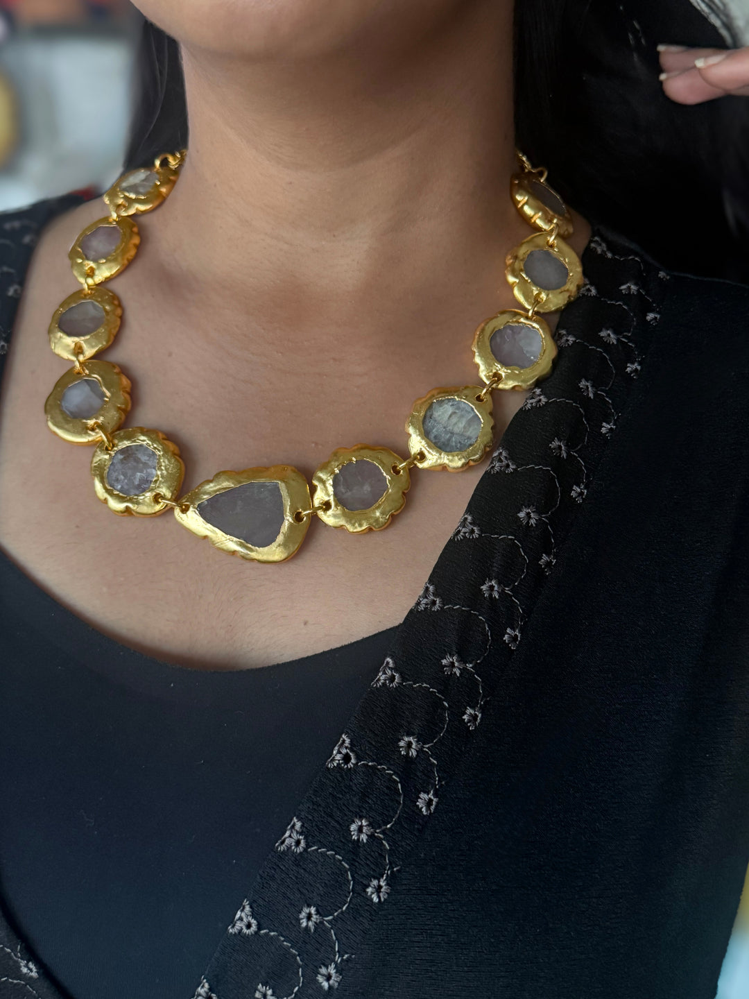 Handmade Raw Quartz Gold Embedded Necklace | Adjustable Lobster Claw Brass Statement Jewelry