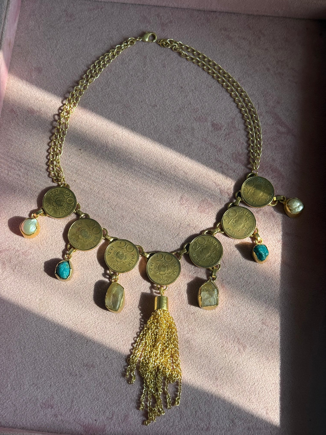 Handmade Raw Stone Coin Necklace | Gold Polish Brass Adjustable Statement Jewelry