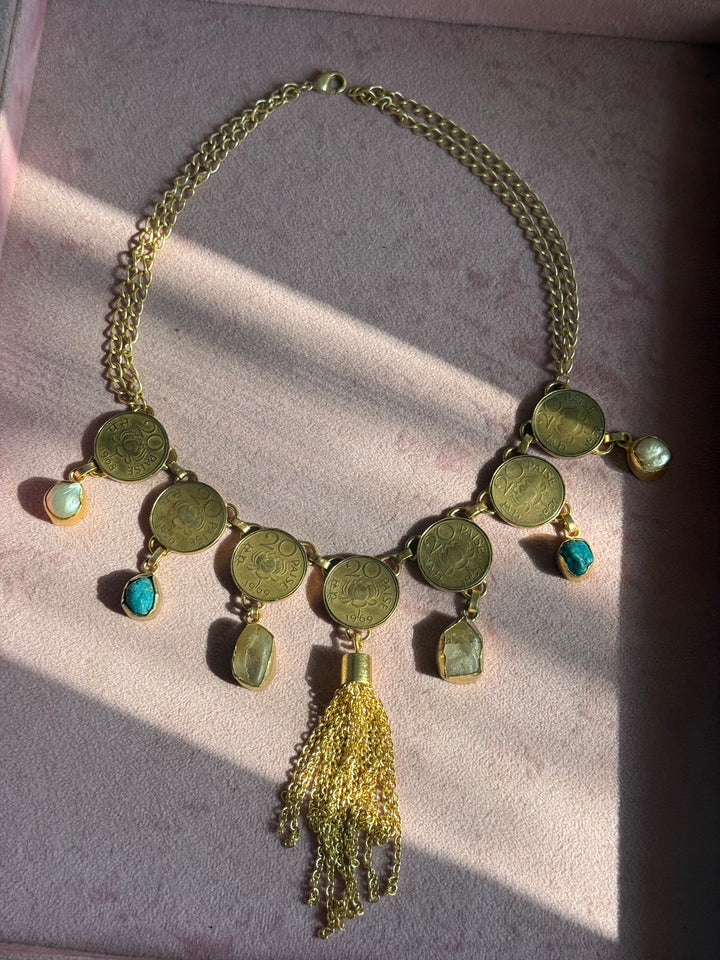Handmade Raw Stone Coin Necklace | Gold Polish Brass Adjustable Statement Jewelry
