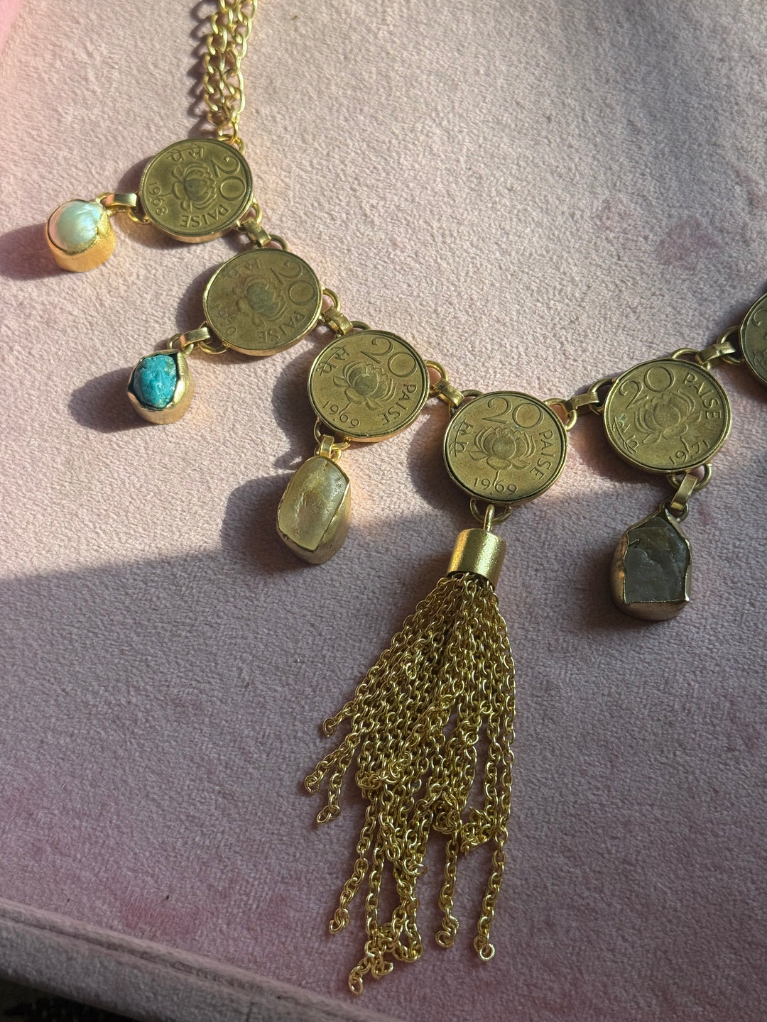 Handmade Raw Stone Coin Necklace | Gold Polish Brass Adjustable Statement Jewelry