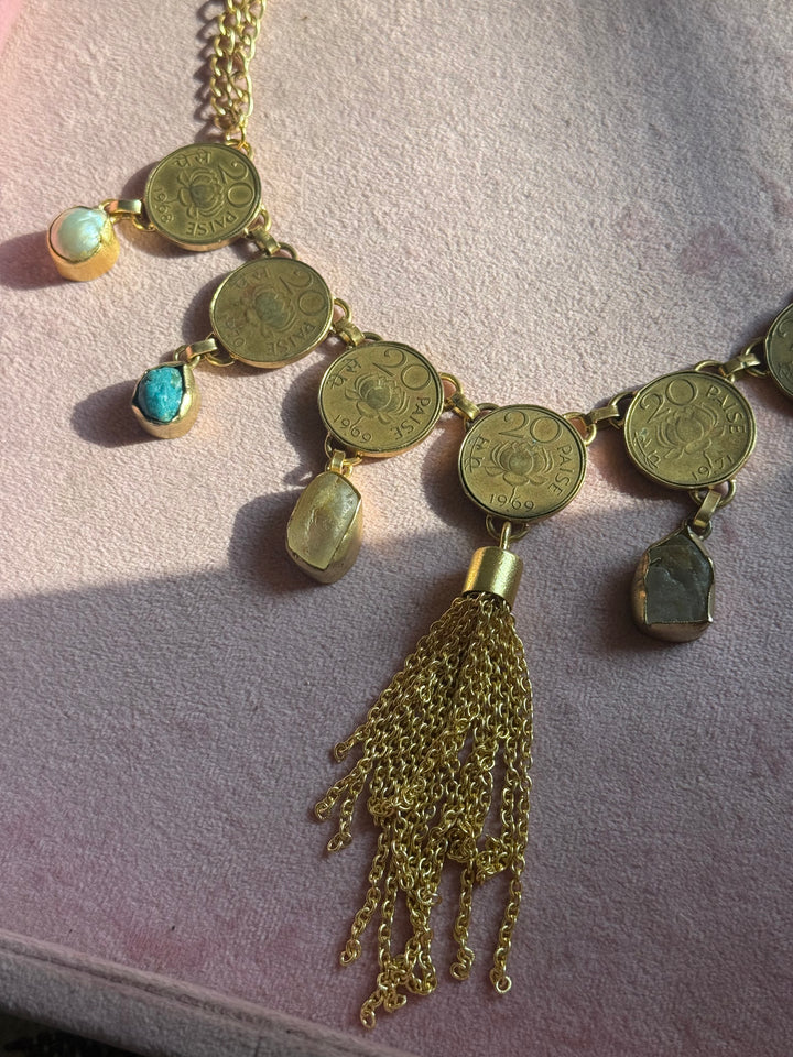 Handmade Raw Stone Coin Necklace | Gold Polish Brass Adjustable Statement Jewelry