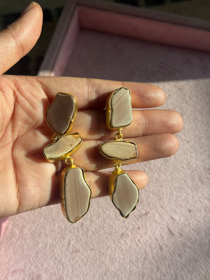 Handmade Raw Stone 3 Tier Earrings | Gold Polish Brass Push Back Statement Earrings