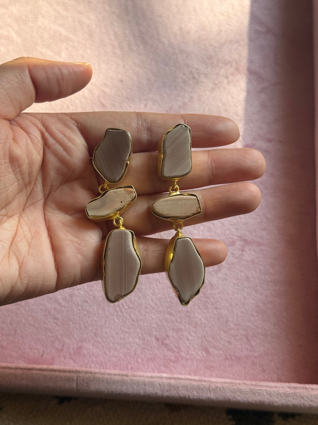 Handmade Raw Stone 3 Tier Earrings | Gold Polish Brass Push Back Statement Earrings