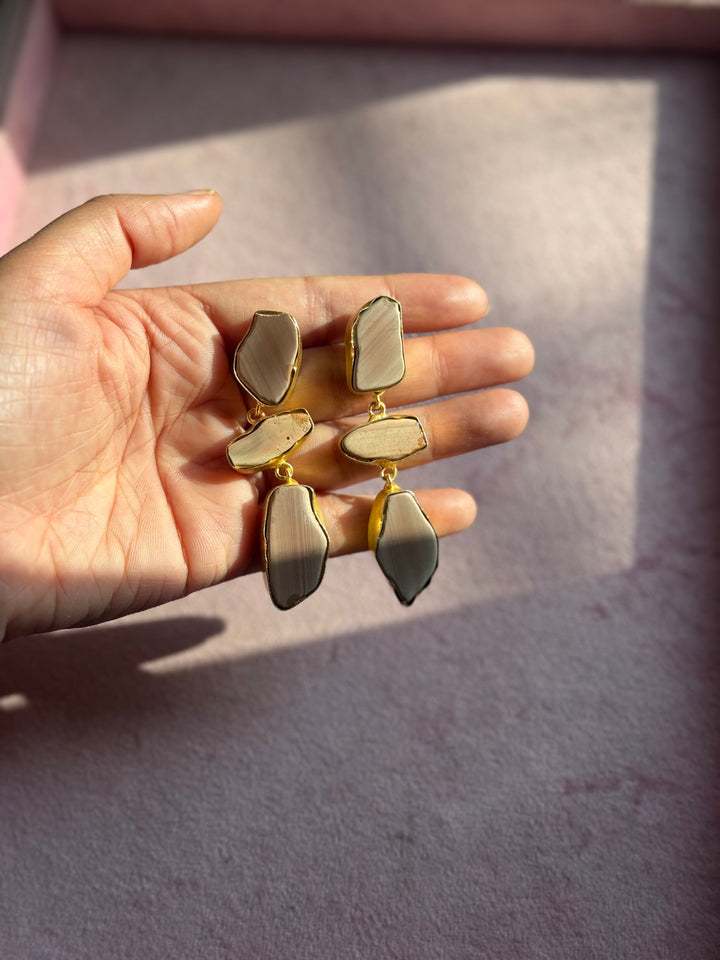 Handmade Raw Stone 3 Tier Earrings | Gold Polish Brass Push Back Statement Earrings