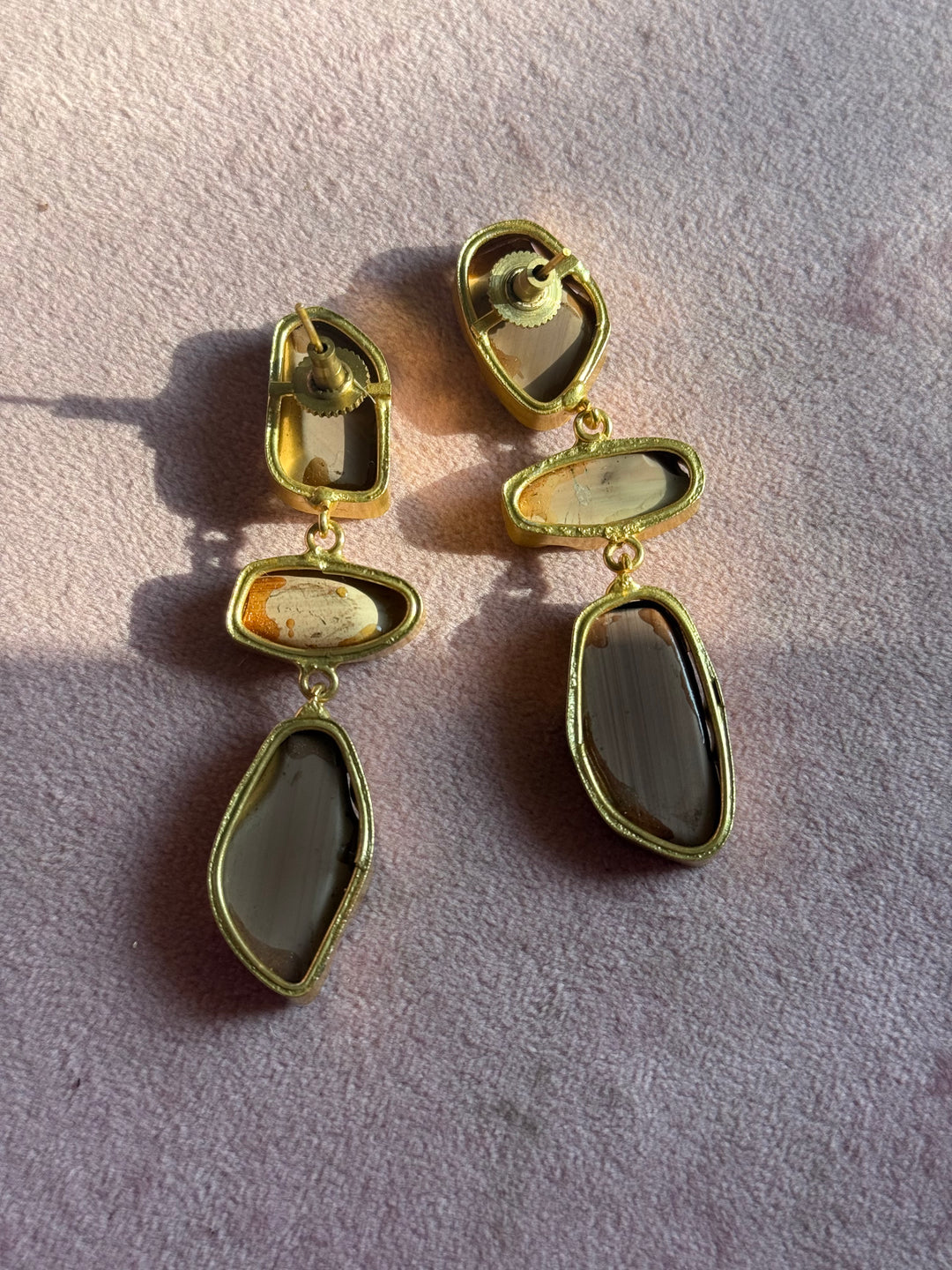 Handmade Raw Stone 3 Tier Earrings | Gold Polish Brass Push Back Statement Earrings