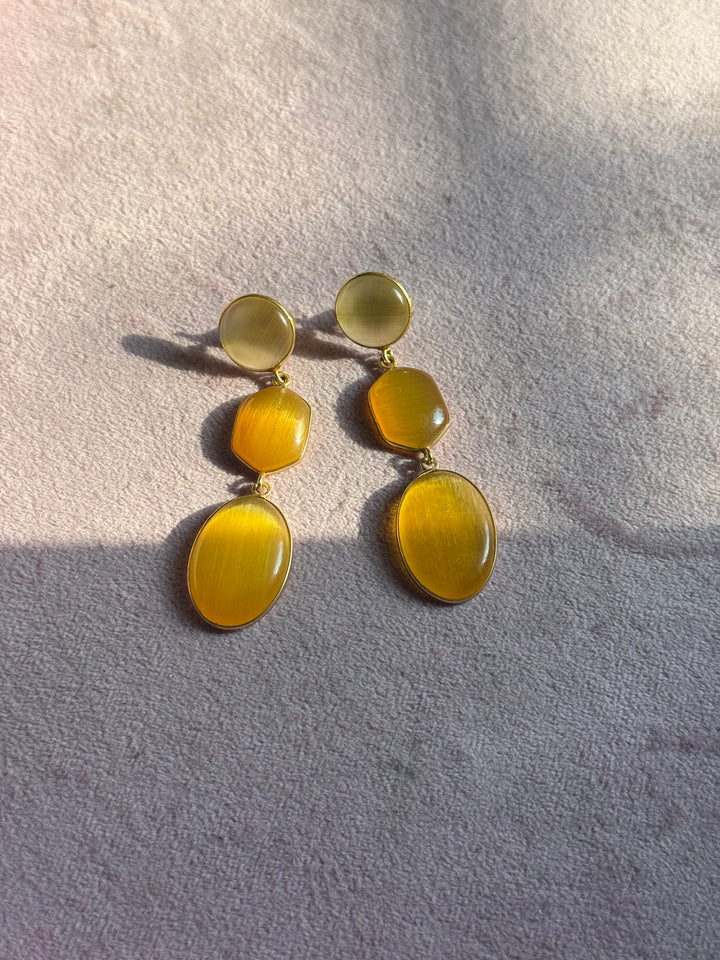 Handmade Raw Stone 3 Tier Earrings | Gold Polish Brass Push Back Statement Earrings