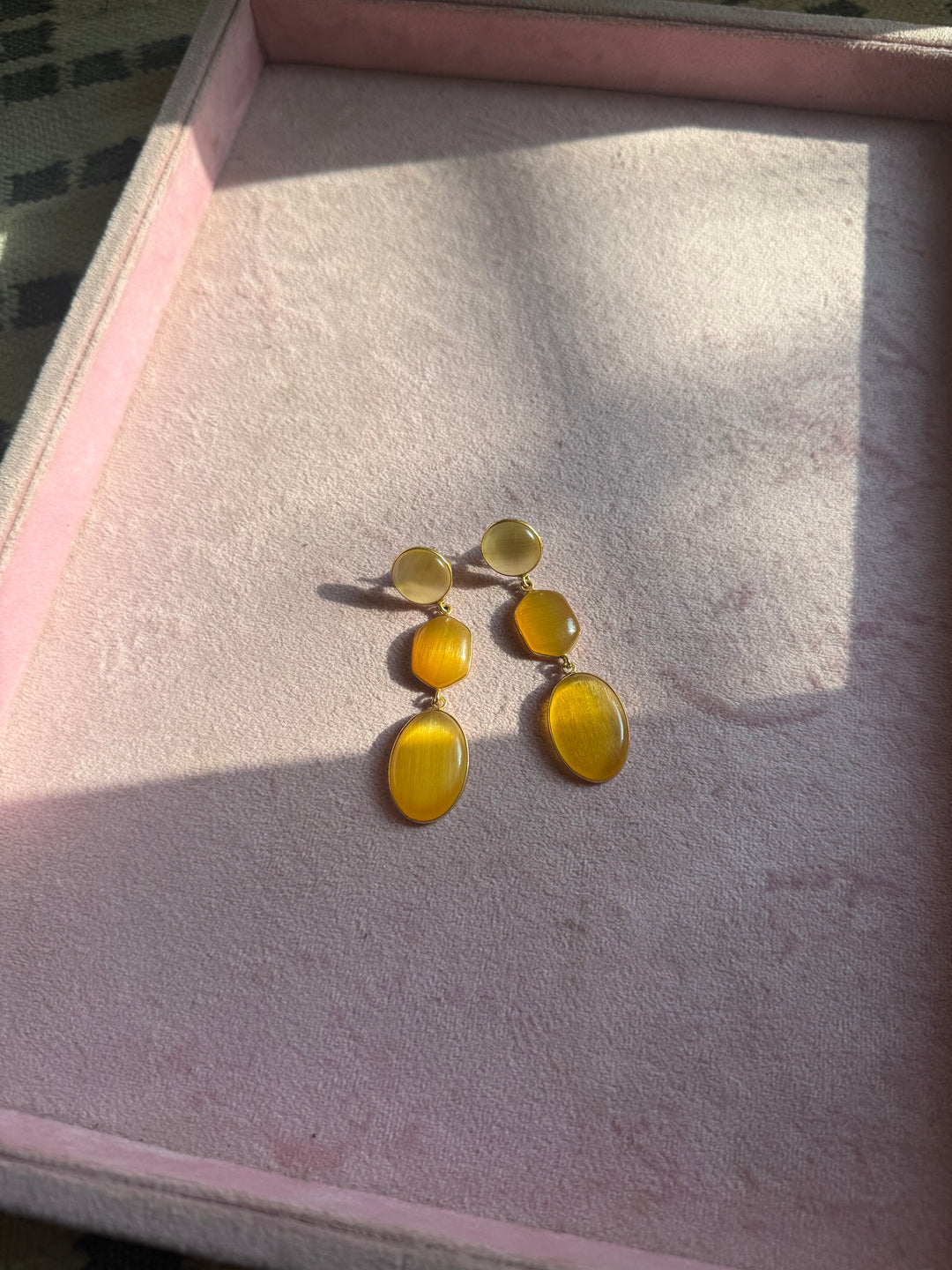 Handmade Raw Stone 3 Tier Earrings | Gold Polish Brass Push Back Statement Earrings