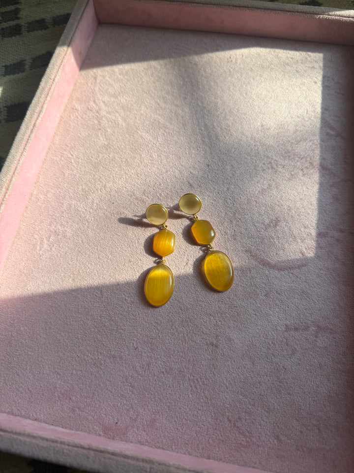 Handmade Raw Stone 3 Tier Earrings | Gold Polish Brass Push Back Statement Earrings