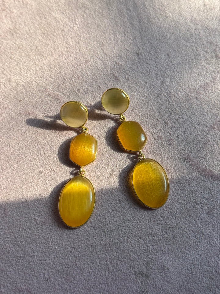 Handmade Raw Stone 3 Tier Earrings | Gold Polish Brass Push Back Statement Earrings