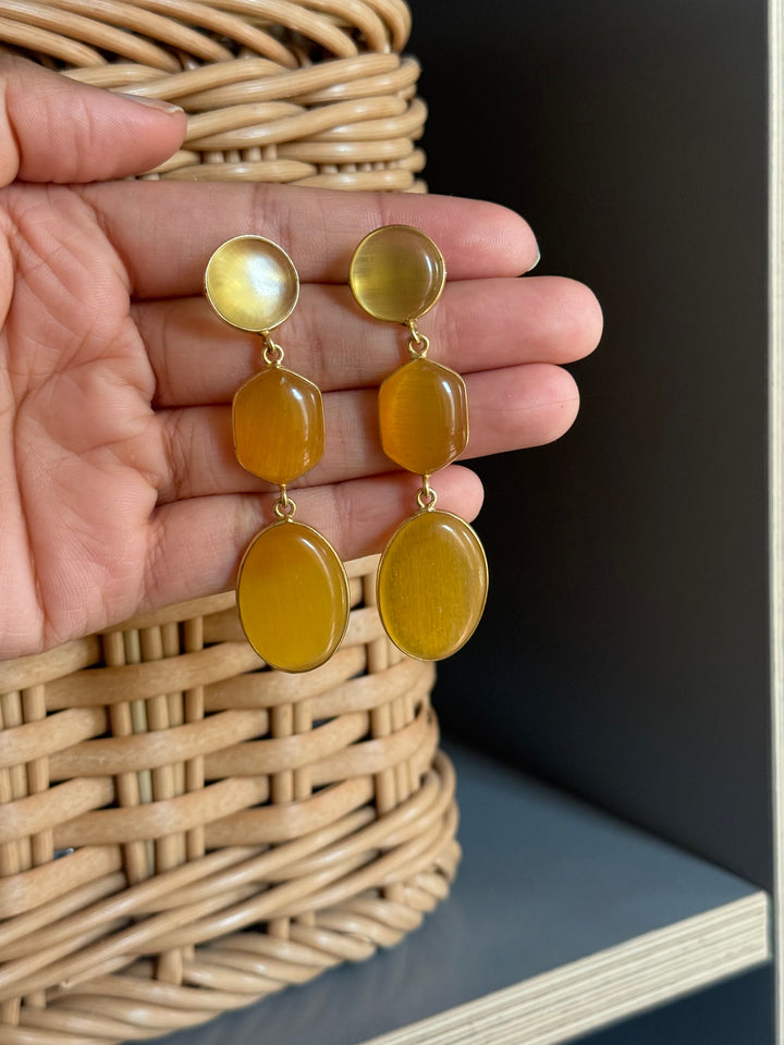 Handmade Raw Stone 3 Tier Earrings | Gold Polish Brass Push Back Statement Earrings