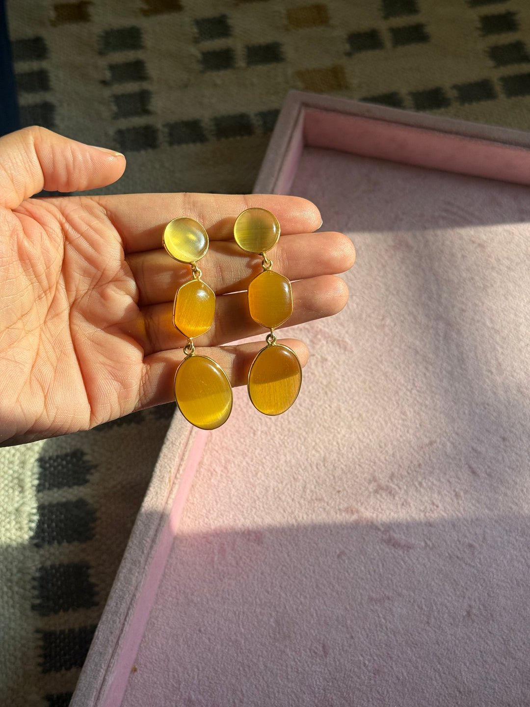 Handmade Raw Stone 3 Tier Earrings | Gold Polish Brass Push Back Statement Earrings