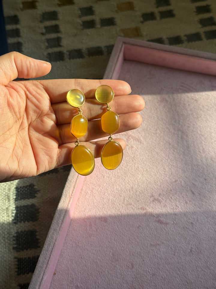 Handmade Raw Stone 3 Tier Earrings | Gold Polish Brass Push Back Statement Earrings