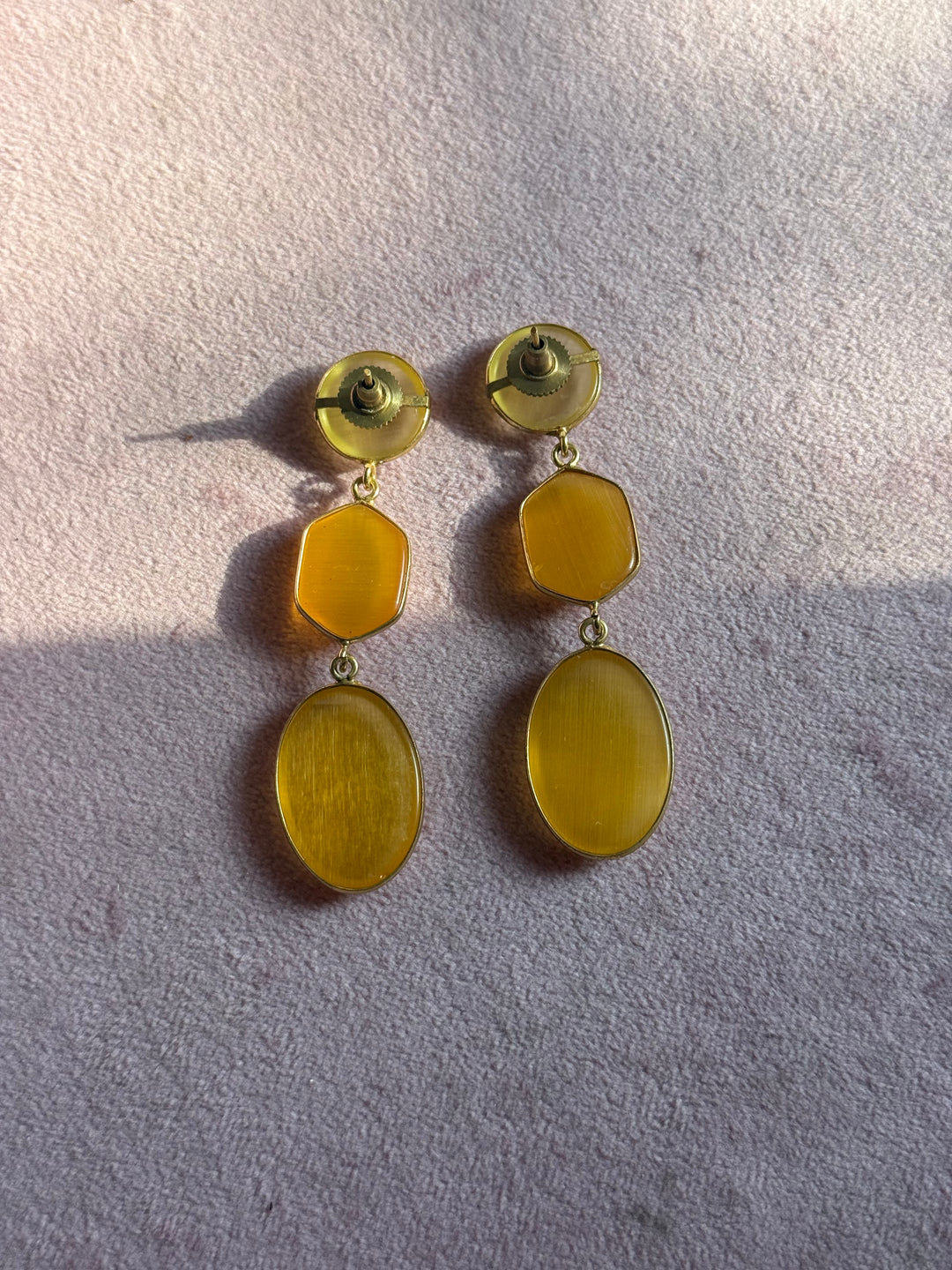 Handmade Raw Stone 3 Tier Earrings | Gold Polish Brass Push Back Statement Earrings