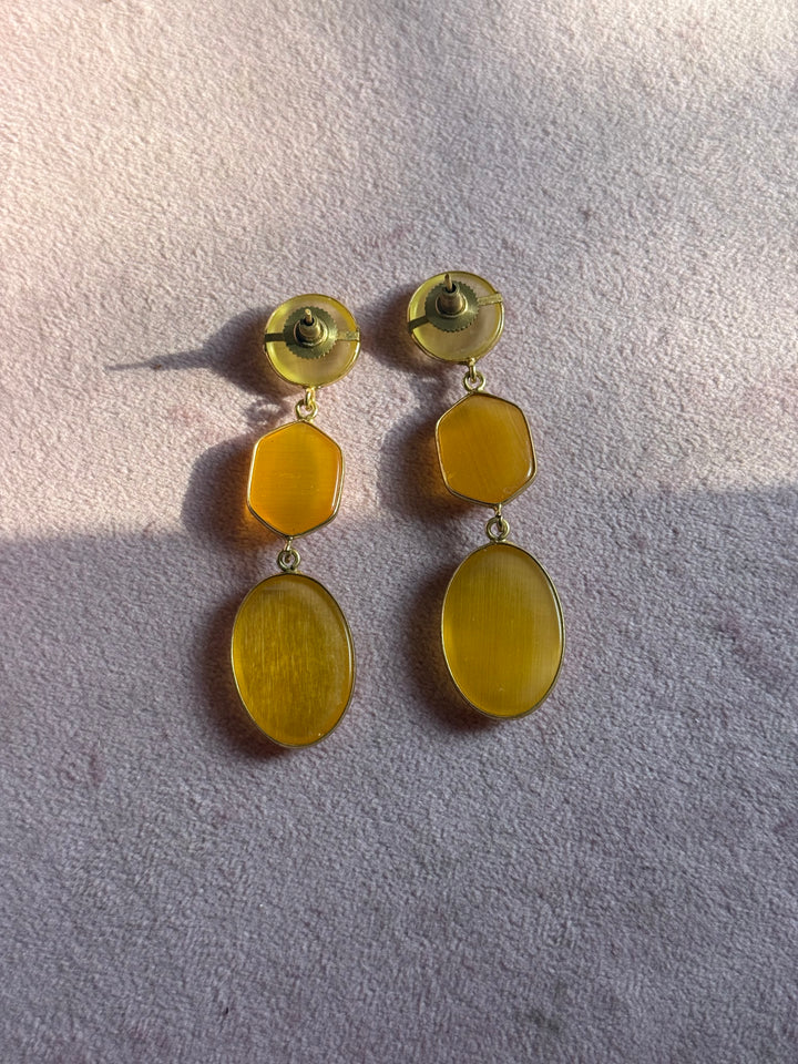 Handmade Raw Stone 3 Tier Earrings | Gold Polish Brass Push Back Statement Earrings