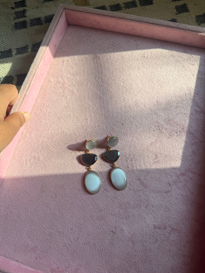 Handmade Raw Stone 3 Tier Earrings | Gold Polish Brass Push Back Statement Earrings