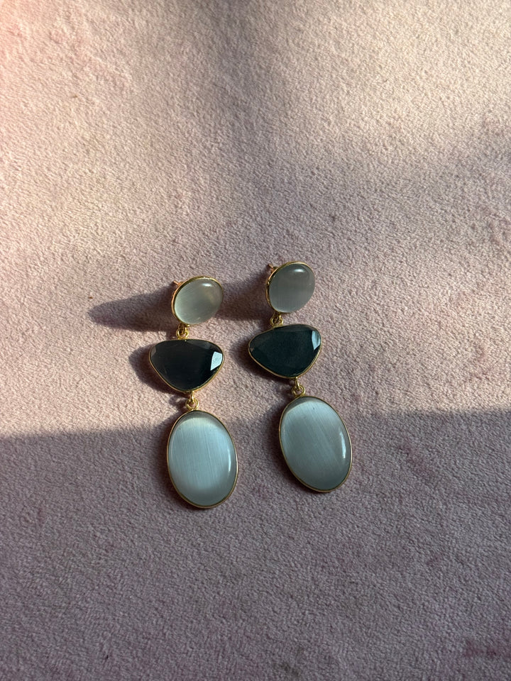 Handmade Raw Stone 3 Tier Earrings | Gold Polish Brass Push Back Statement Earrings