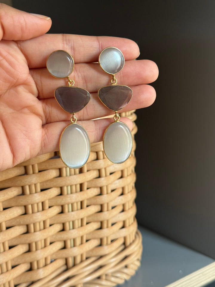 Handmade Raw Stone 3 Tier Earrings | Gold Polish Brass Push Back Statement Earrings