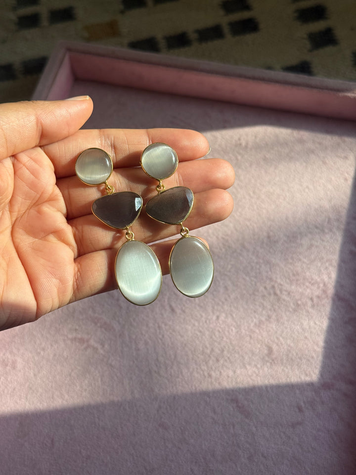 Handmade Raw Stone 3 Tier Earrings | Gold Polish Brass Push Back Statement Earrings