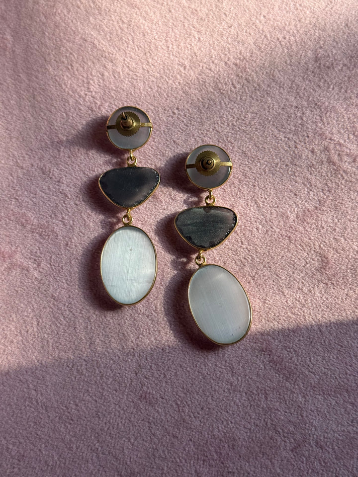 Handmade Raw Stone 3 Tier Earrings | Gold Polish Brass Push Back Statement Earrings