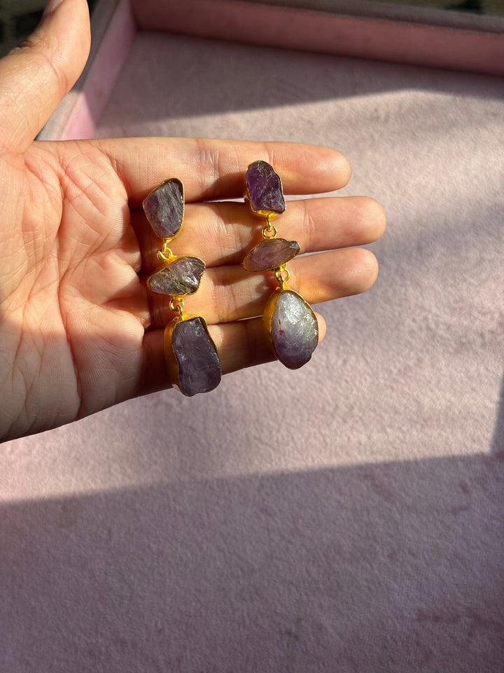 Handmade Raw Amethyst Stone 3 Tier Earrings | Gold Polish Brass Push Back Statement Earrings