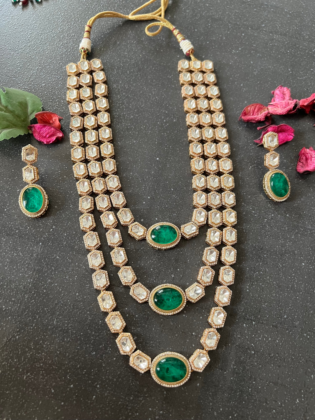 Three-Layered Kundan Necklace with Earrings
