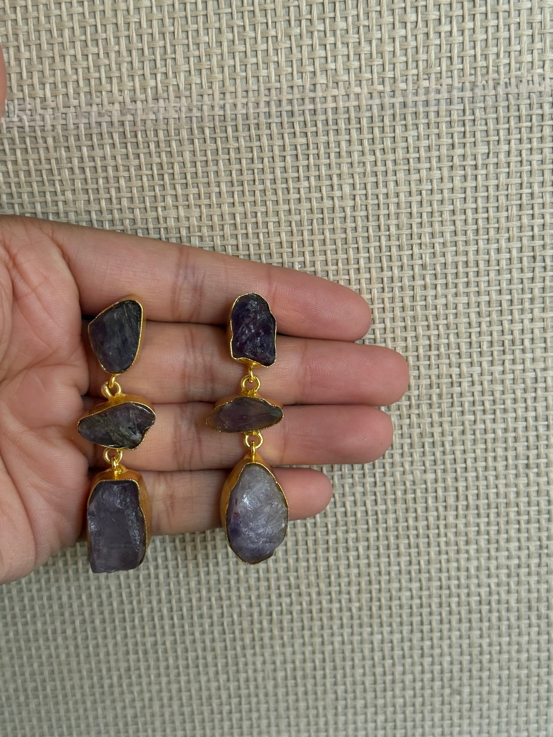 Handmade Raw Amethyst Stone 3 Tier Earrings | Gold Polish Brass Push Back Statement Earrings