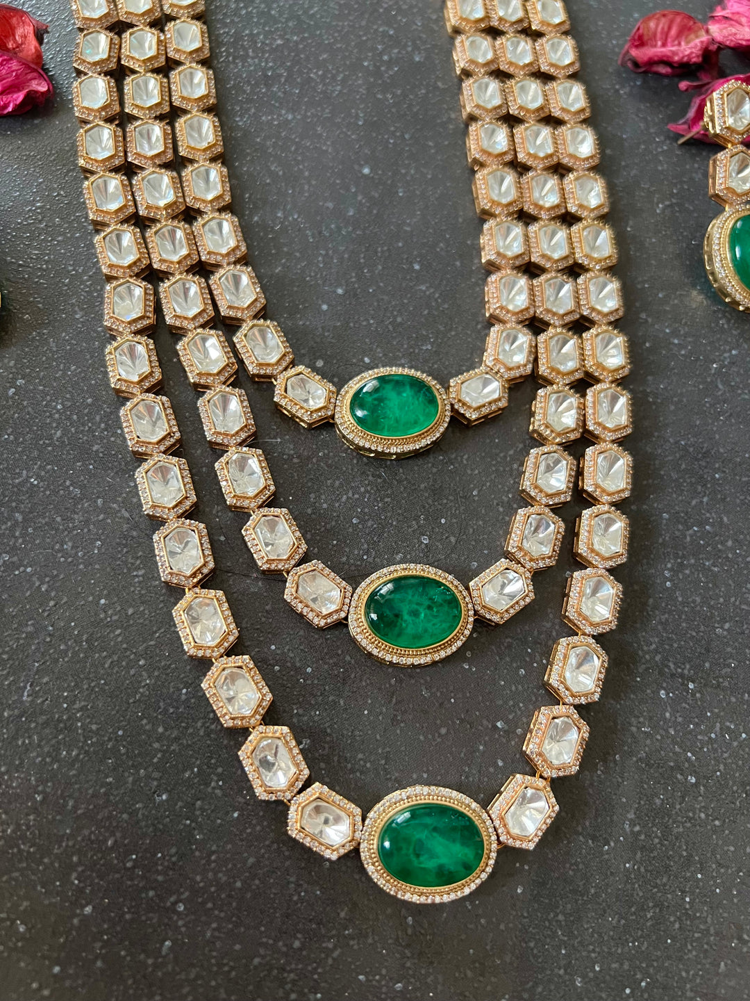 Three-Layered Kundan Necklace with Earrings