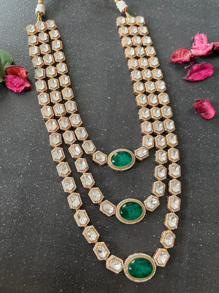 Three-Layered Kundan Necklace with Earrings