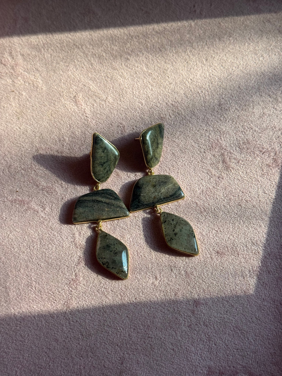 Handmade Raw Stone 3 Tier Earrings | Gold Polish Brass Push Back Statement Earrings
