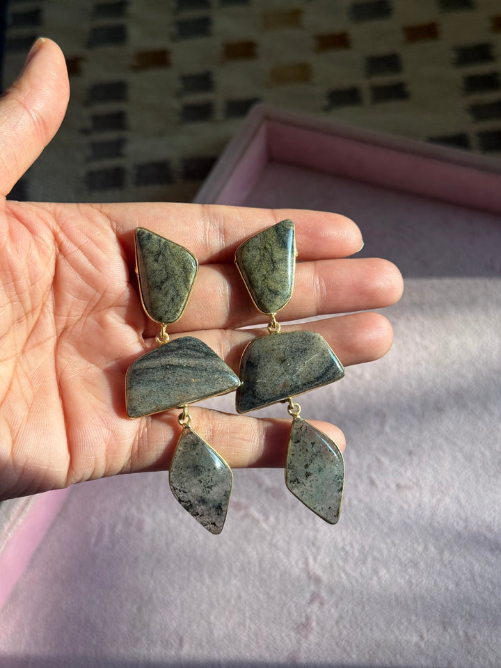 Handmade Raw Stone 3 Tier Earrings | Gold Polish Brass Push Back Statement Earrings