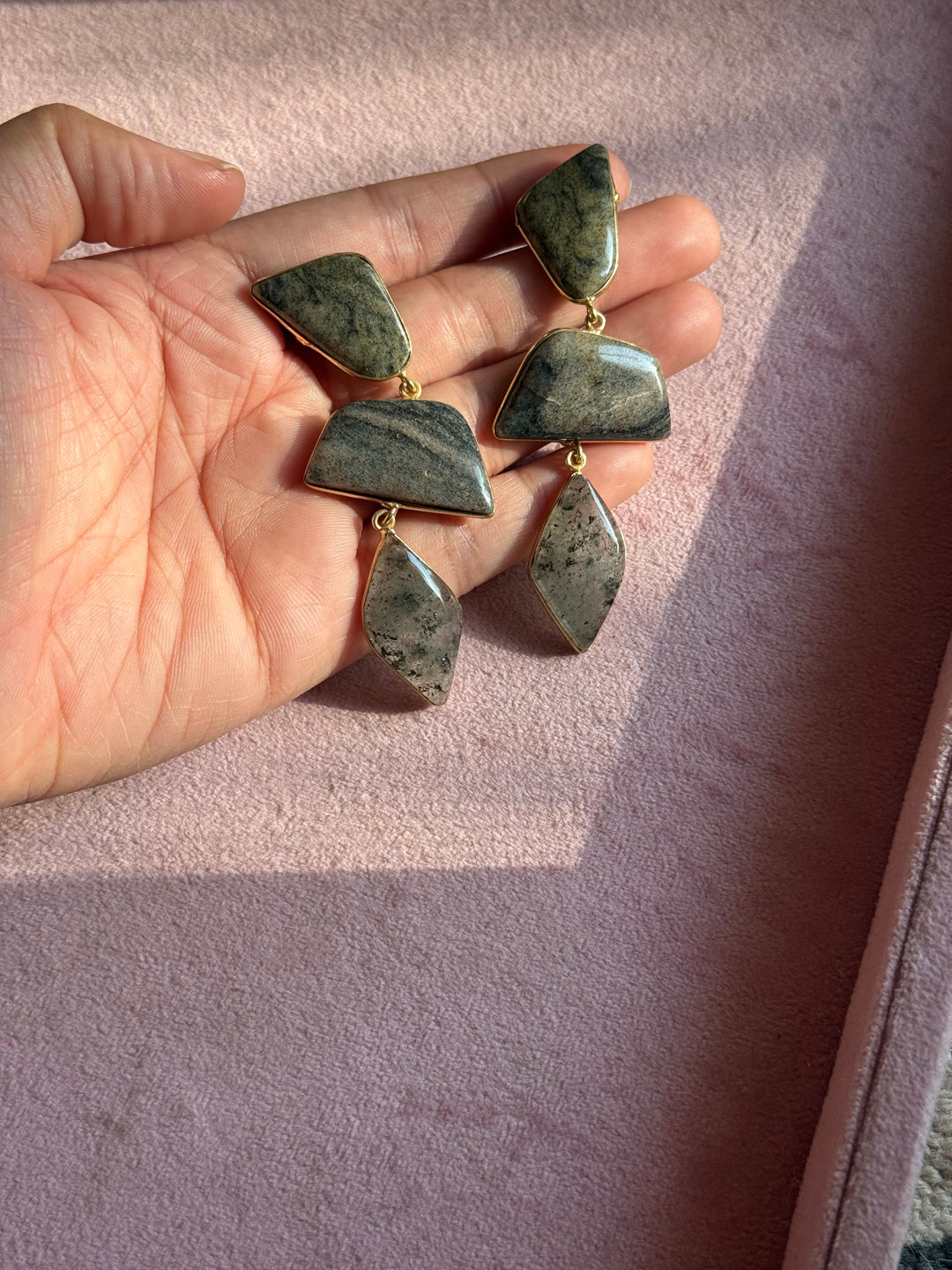 Handmade Raw Stone 3 Tier Earrings | Gold Polish Brass Push Back Statement Earrings
