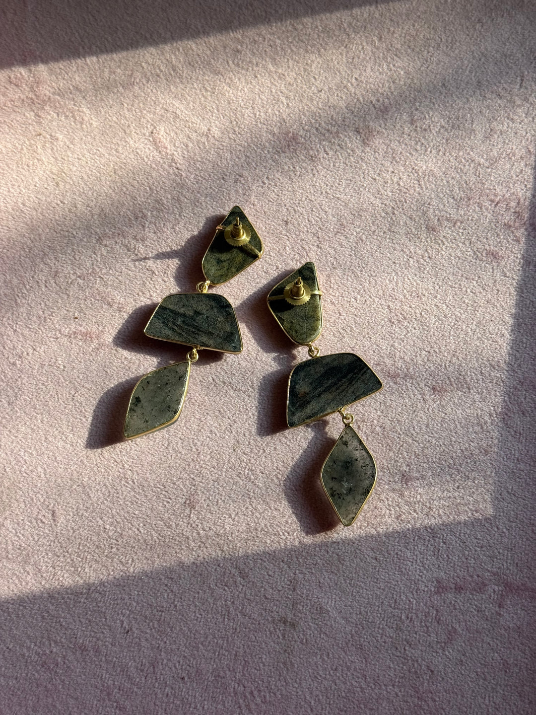 Handmade Raw Stone 3 Tier Earrings | Gold Polish Brass Push Back Statement Earrings