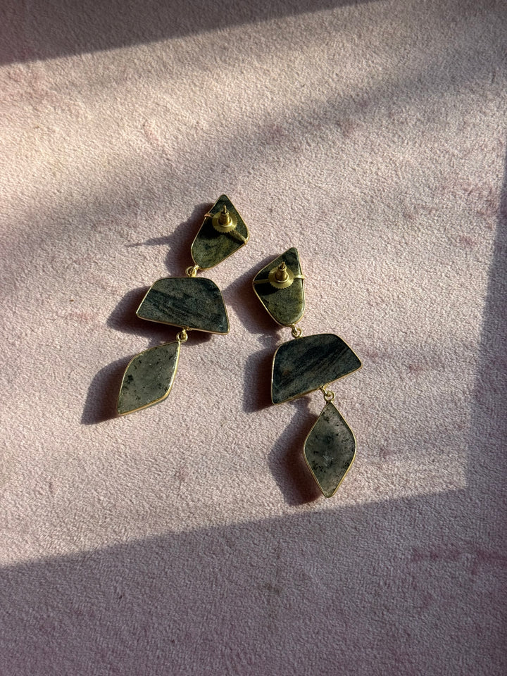 Handmade Raw Stone 3 Tier Earrings | Gold Polish Brass Push Back Statement Earrings