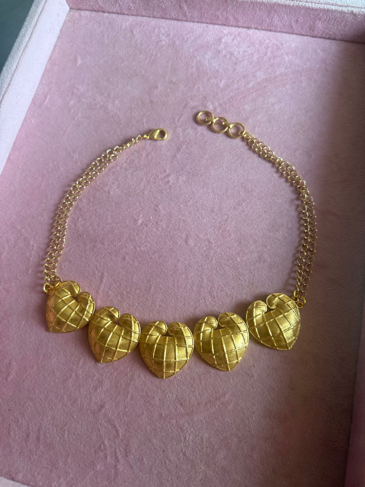 Handmade Heart Statement Choker Necklace | Gold Polish Brass Adjustable Lobster Claw Jewelry