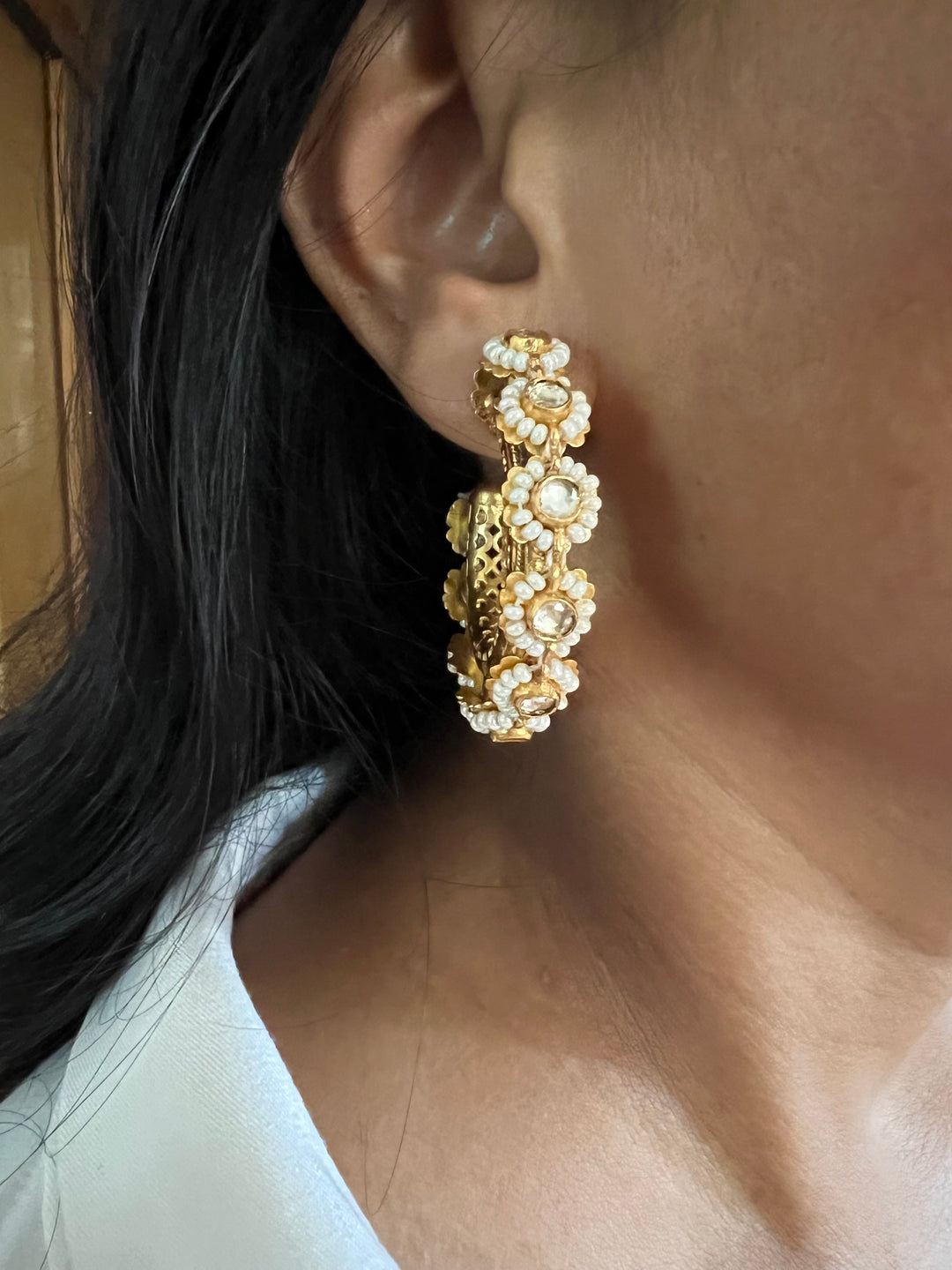 Designer Pure 925 Silver Pearl Hoop Earrings