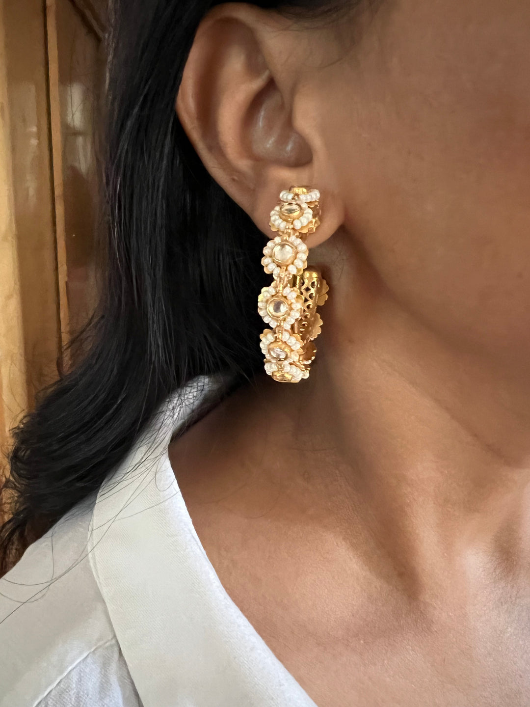 Designer Pure 925 Silver Pearl Hoop Earrings