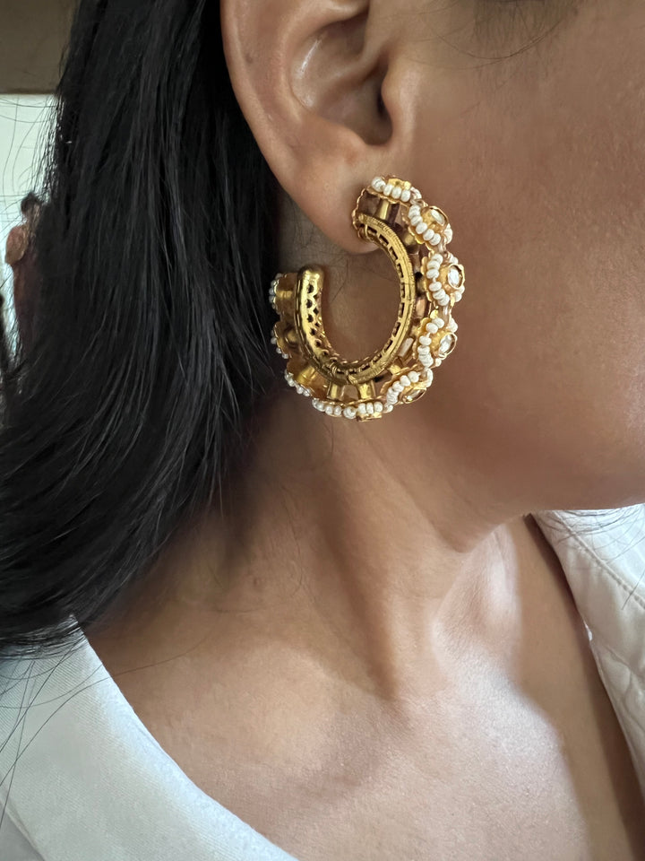 Designer Pure 925 Silver Pearl Hoop Earrings