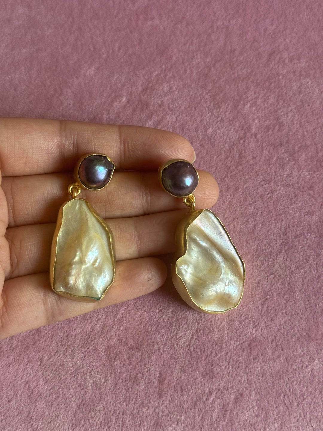 Handmade Labradorite & Pearl Statement Earrings | Brass Push Back Jewelry