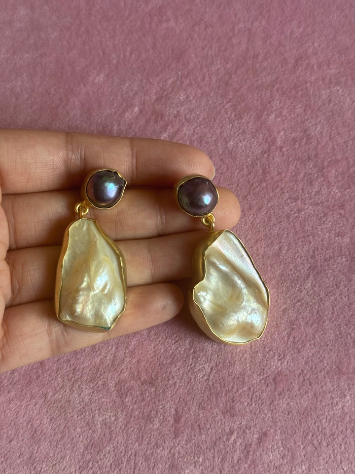Handmade Labradorite & Pearl Statement Earrings | Brass Push Back Jewelry