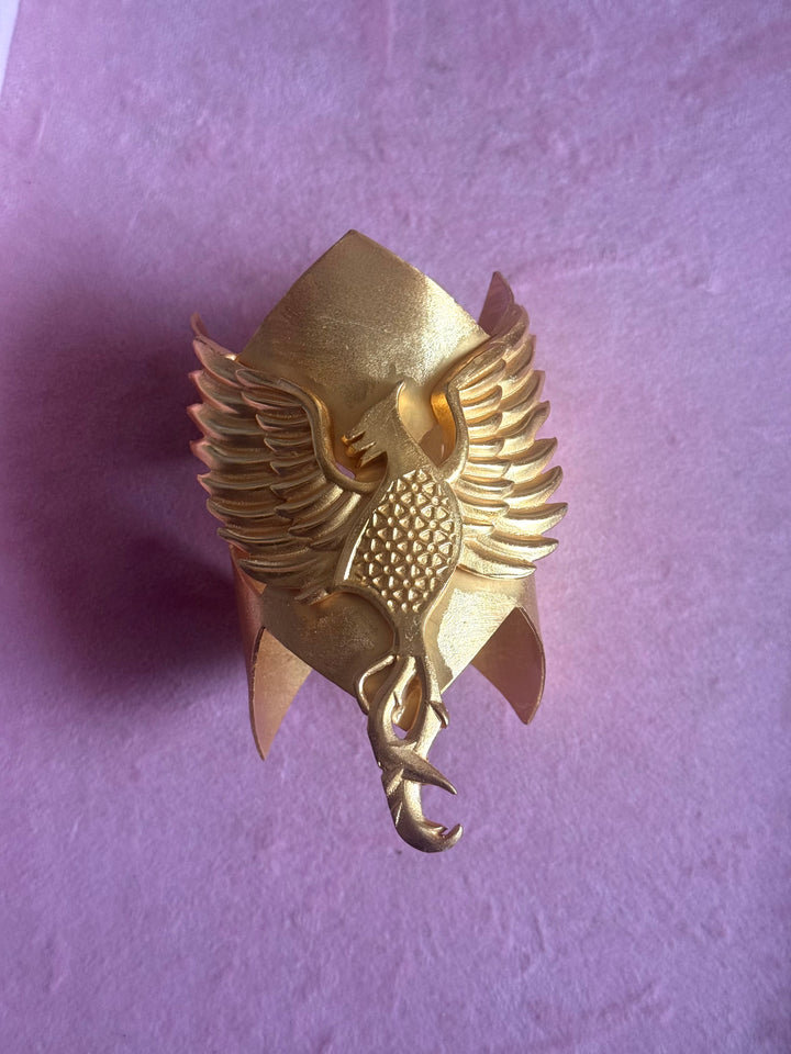 Handmade Phoenix Statement Open Cuff | Textured Gold Polish Brass Free Size Bracelet