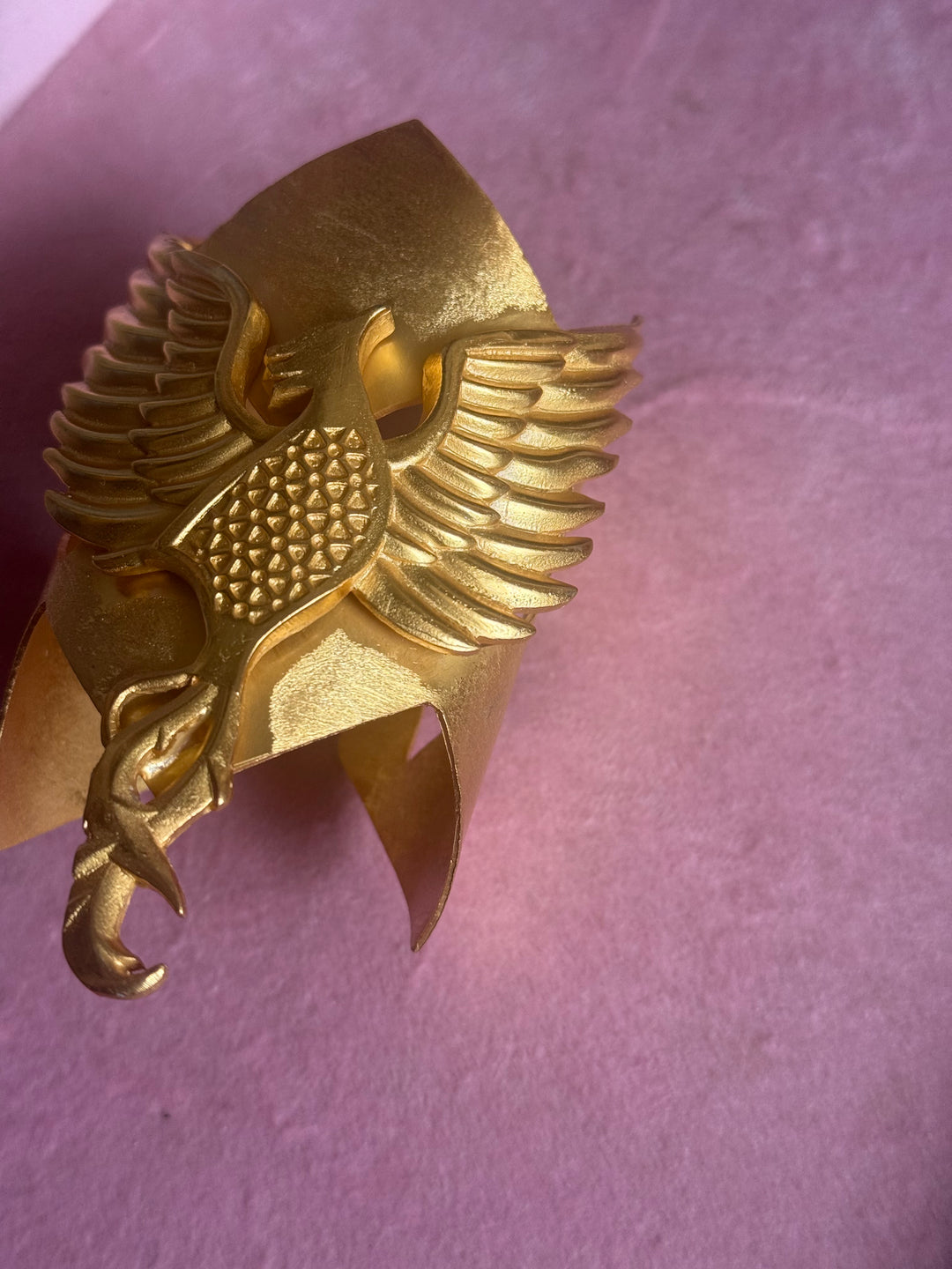 Handmade Phoenix Statement Open Cuff | Textured Gold Polish Brass Free Size Bracelet