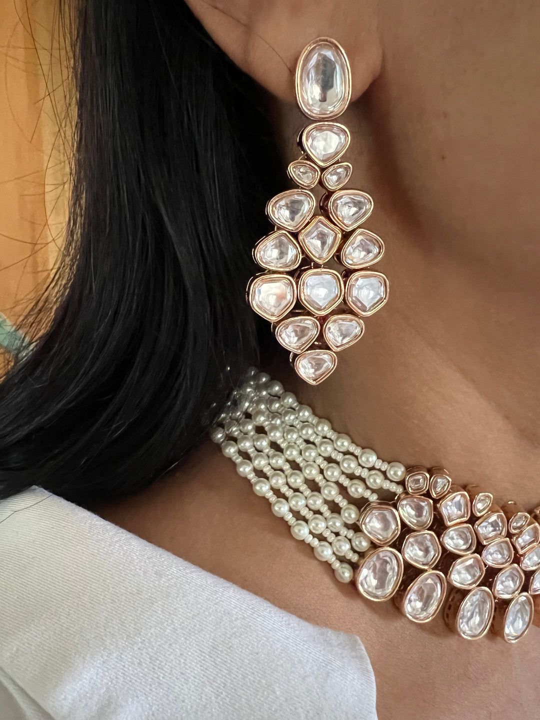 Kundan and Pearls Choker Necklace with Earrings
