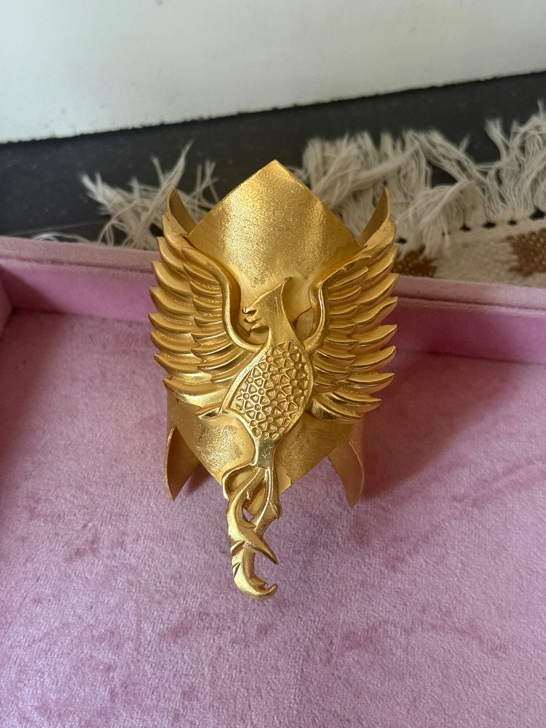 Handmade Phoenix Statement Open Cuff | Textured Gold Polish Brass Free Size Bracelet