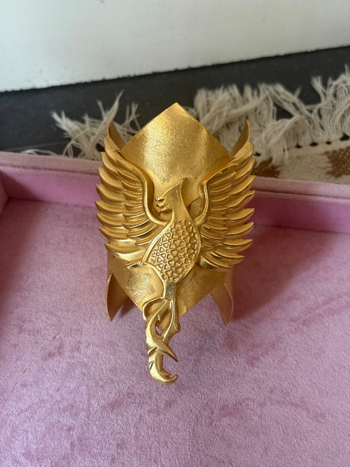 Handmade Phoenix Statement Open Cuff | Textured Gold Polish Brass Free Size Bracelet