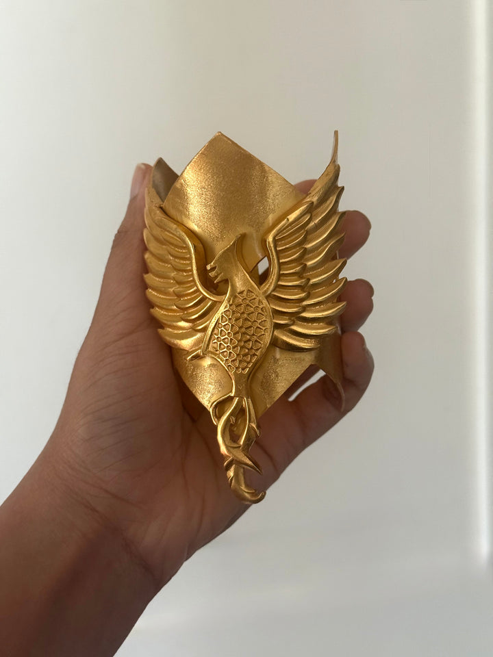 Handmade Phoenix Statement Open Cuff | Textured Gold Polish Brass Free Size Bracelet