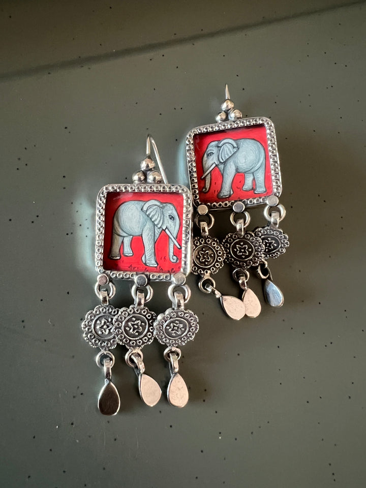 Beautiful Handpainted Elephant 925 Silver Earrings