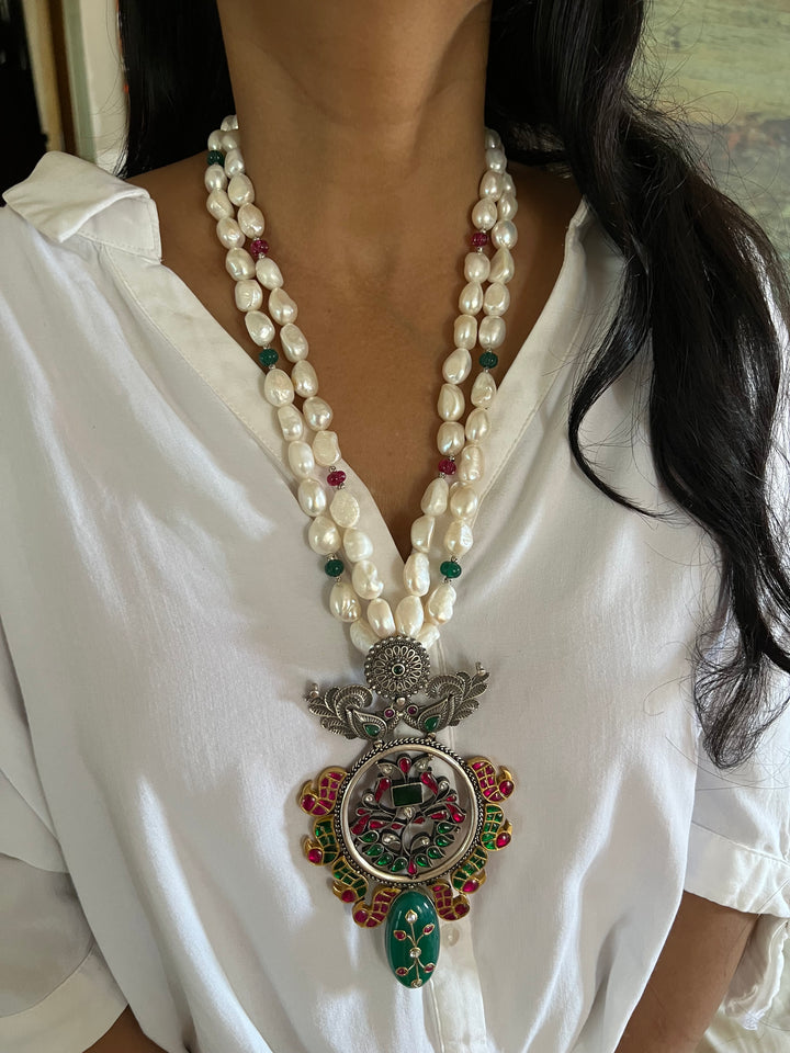 Jade Kundan Pure 925 Silver Pendant Necklace