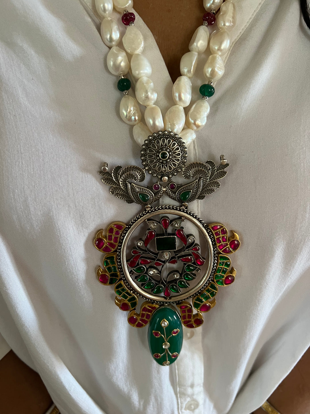 Jade Kundan Pure 925 Silver Pendant Necklace