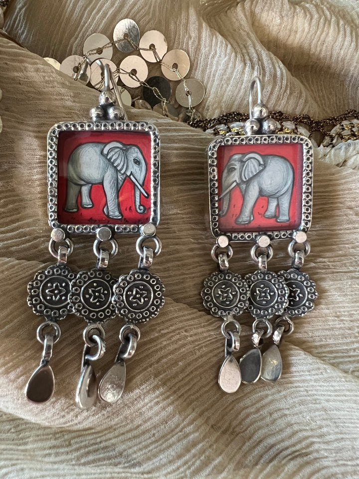 Beautiful Handpainted Elephant 925 Silver Earrings