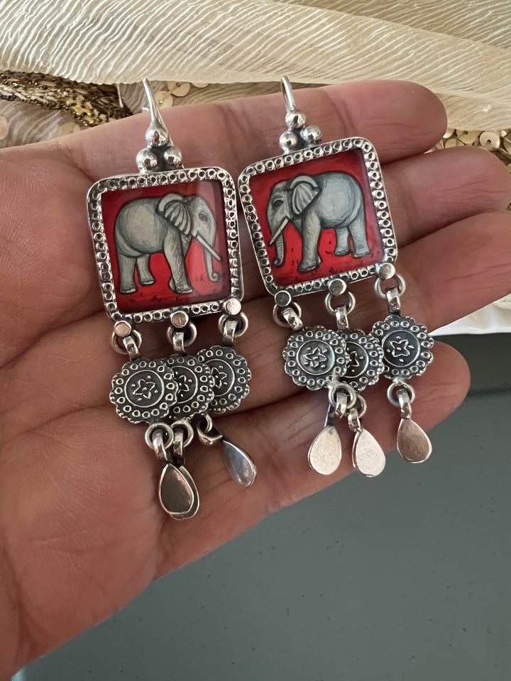 Beautiful Handpainted Elephant 925 Silver Earrings